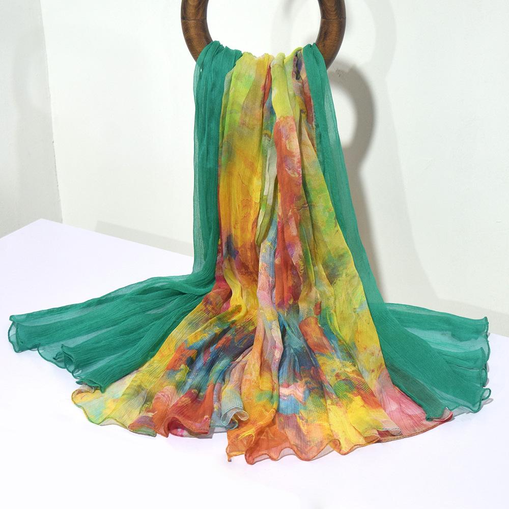 Folded silk scarf silk smooth crepe scarf 100 mulberry silk spray painting embroidered shawl autumn and winter new silk gift 175cm or more