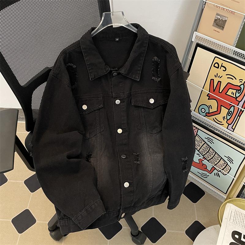 

Ранней осенью рваная джинсовая куртка мужская весенне-осенняя модная брендовая куртка с ощущением хулиганства, красивая, свободная, американская куртка, ретро одежда 3XL чёрный