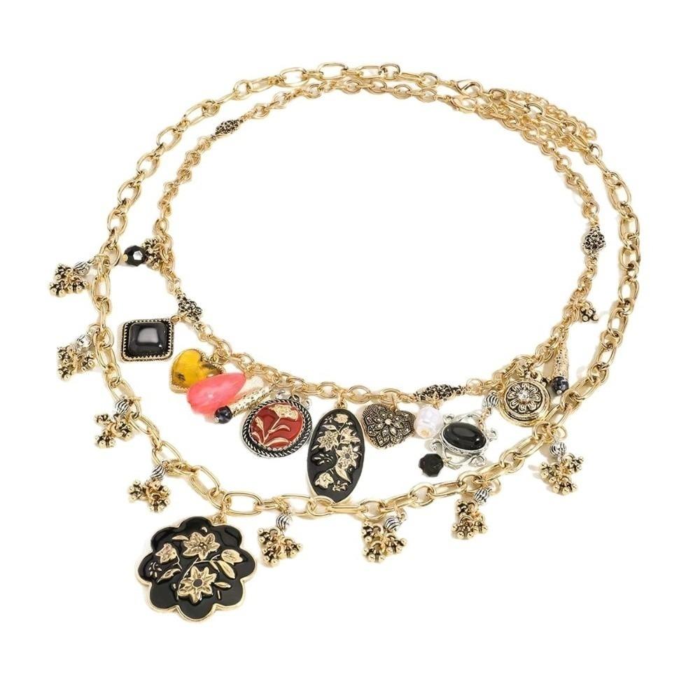 New Double Chain Enamel Badge Flower Cool Retro Sweater Boho Hip Hop Pendant Beaded Party Wear
