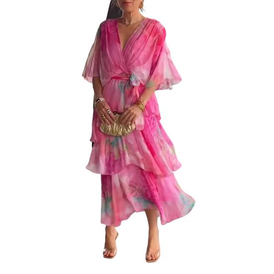 Women's Summer Chiffon Dress Printed Short Sleeve V Neck Flowy Maxi Dress Loose Layered Ruffle Lace-Up Long Dress