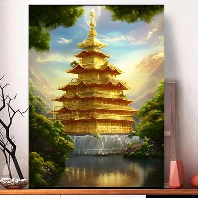 Peinture au Diamant 5D DIY Paysage Montagne, Lac, Forêt Tour Photo Plein Diamant Mosaïque Diamant Faite Main Paysage Cadeau