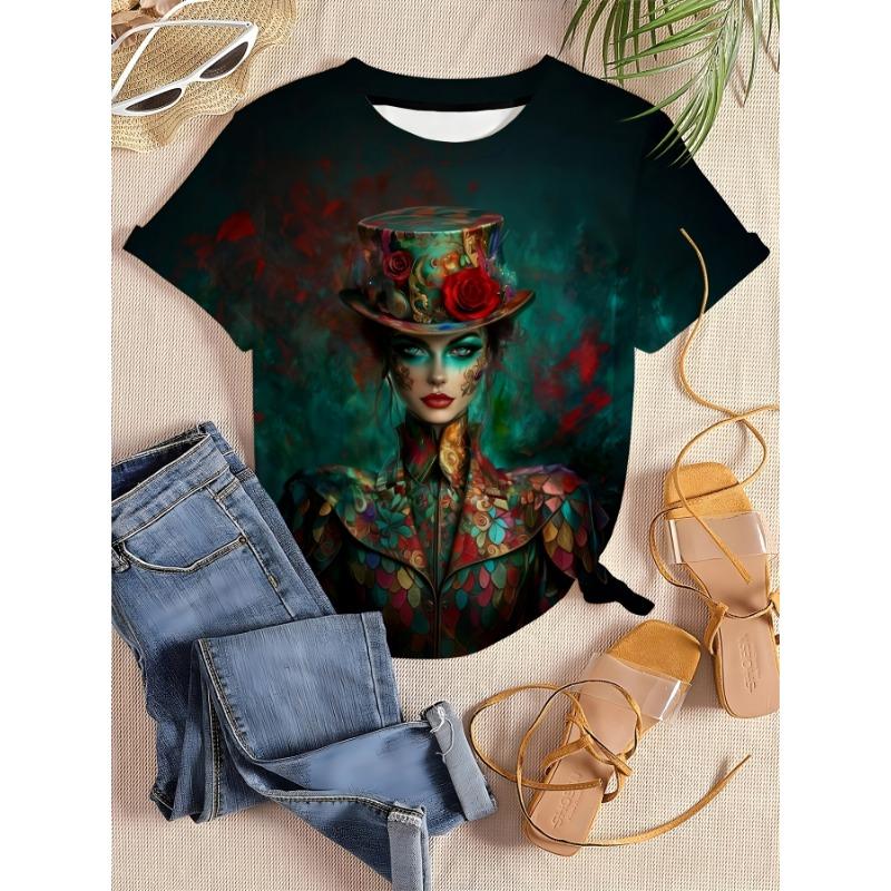 T-shirt da Donna Vintage Stile Artistico Elegante con Stampa Tematica Manica Corta