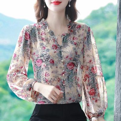 Dame vår og sommer ni-kvart erme elegant pendlerbluse trykt volangkjorte