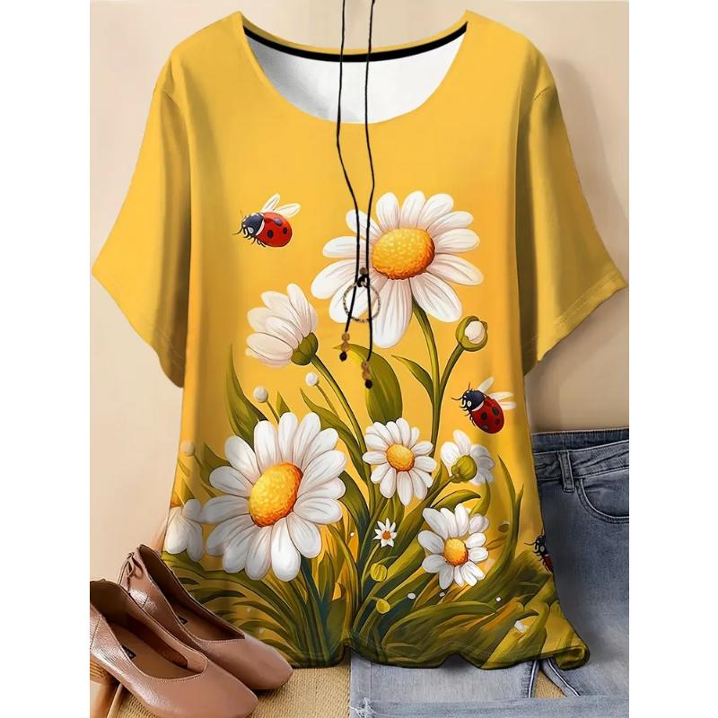 Fashion Women's Crew Neck Short Sleeve 3D Flower Color Printing Flower Short Sleeve Crew Neck T-Shirt
