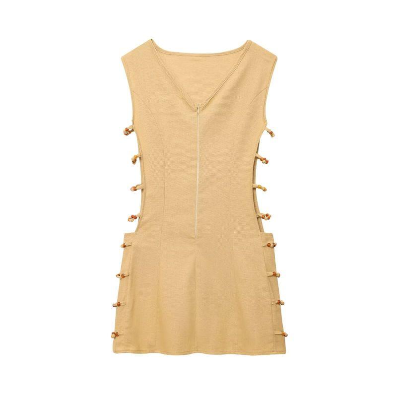 

Kaslead New Arrival Women s Clothing Fashion Style Fashion Silm Beads Decorated V Neck Sleeveless Dress Yellow M