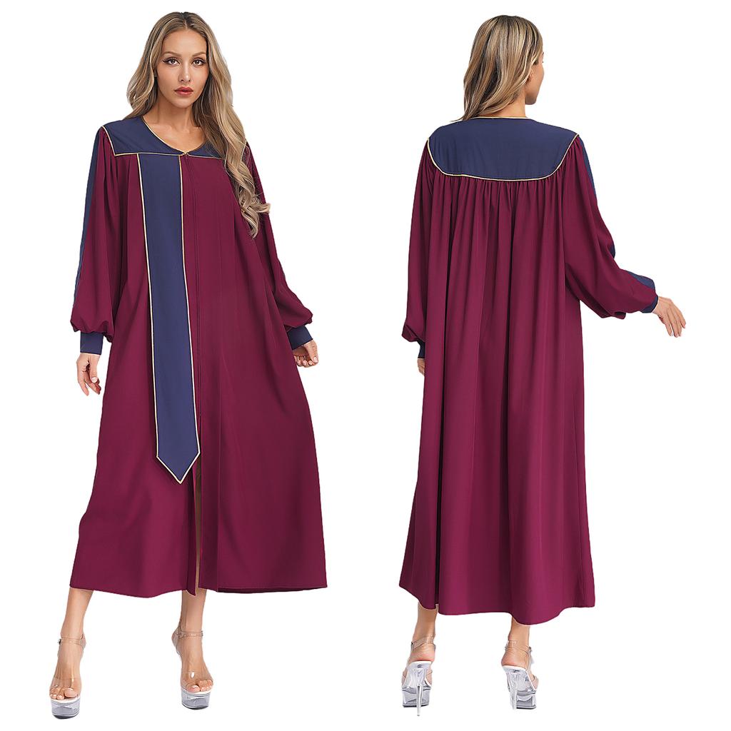 XS-XXL Women’s Stage Performance Robe: V-Neck Puff Sleeves Color Block Gown with Front Split Zipper for Choir