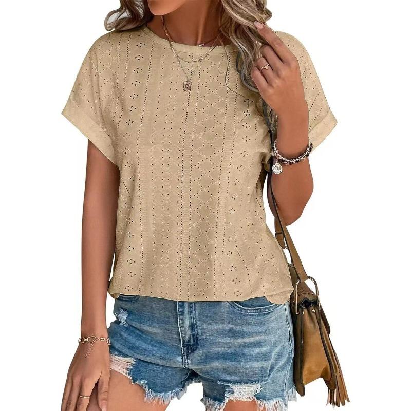 Spring and Summer Round Neck Hollow Out Women Blouse New Loose Short Sleeved T-shirt Solid Color Casual Simple Top Sweet Shirts Ladies Clothing