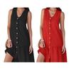 Summer Dress V-Neck Sleeveless Single-Breasted Solid Color Mini Dress Solid Color Loose