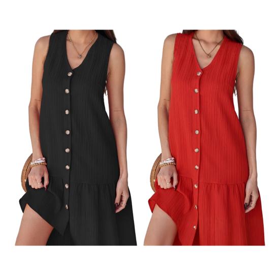 Summer Dress V-Neck Sleeveless Single-Breasted Solid Color Mini Dress Solid Color Loose