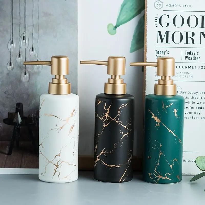 Luxe Goudkleurig Marmeren Keramische Lotion Fles Draagbare Zeepdispenser Badkameraccessoires Druk Shampoo Vochtigheidspak Fles