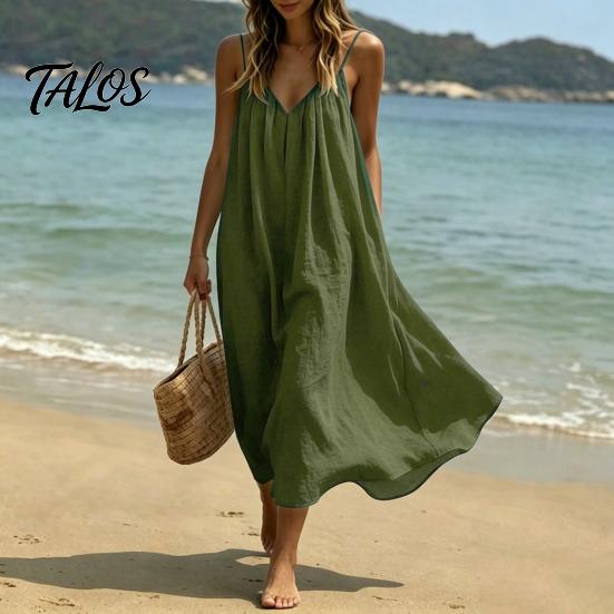 Flowy Beach Dress Women's Spaghetti Strap Sundress, Summer Sleeveless V Soft Fabric Neck Cami Dress, Loose Vacation Long Multi-detail Design