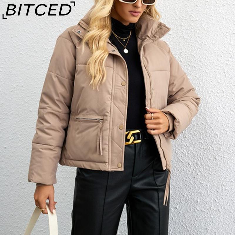 BITCED Women's Short Stand-Collar Down-Filled Cotton Jacket Simple Oversized Fit Zip-Up Puffer Coat Cotton Outerwear