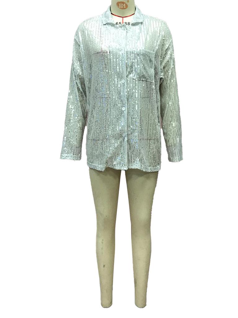 2025 Autumn European and American Women's Sequin Long-Sleeve Lapel Casual Shirt