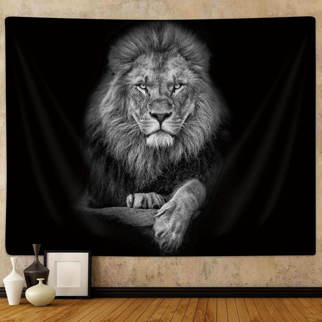 Black And White Lion Wall Tapestry, Majestic Animal Portrait Art, Bold Home Decor For Living Room & Man Cave