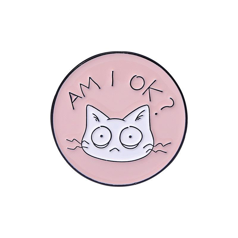 Derpy Kitten Cartoon Brooch - Cute Round Metal Cat Badge