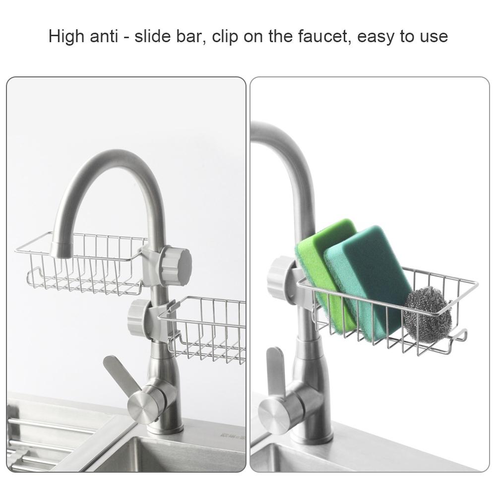 Faucet Storage Rack Stainless Steel Drain Rack with Hook for Kitchen Bathroom
