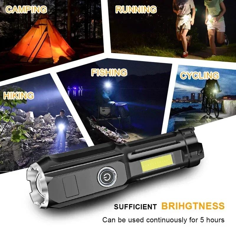 High Power Led Flashlight Super Bright Rechargeable Zoom Torch with COB Side Lights Outdoor Camping Night Fishing Lantern