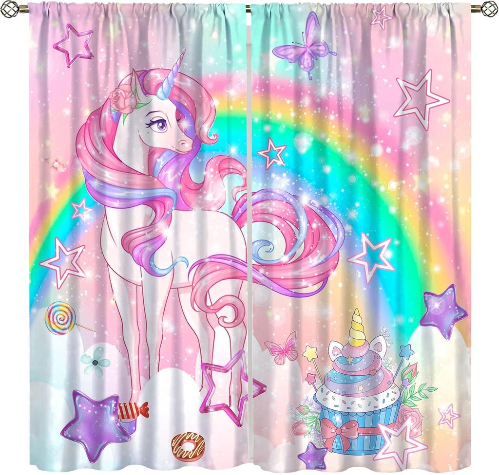Purple Unicorn Curtains Girls Fantasy Mystery Fairytale Clouds Stars Magic Unicorns Window Drapes Kids Nursery Made Of Polyester