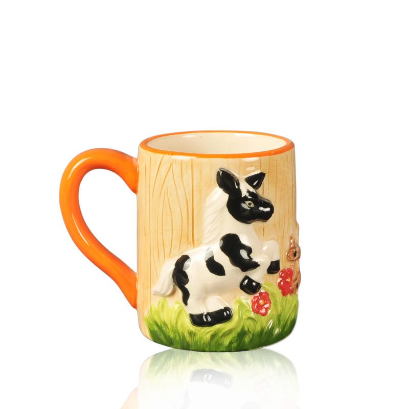Korean Style Ins Cow Relief Cute Cartoon Animal Breakfast Cup with Handle Three-dimensional Ceramic Mark Water Cup Milk