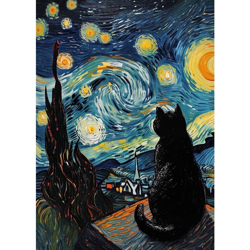 Black Cat Under The Sky Starry Night Series Theme Canvas Printing Fashion Populars Colors Mural Studio Home Decoration Art Gifts