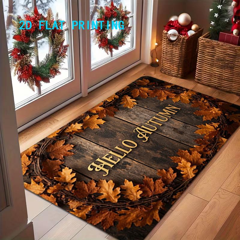 1pc, 2D Flat Printing, "Hello Autumn" Vintage Maple Leaf Entrance Doormat, Foyer Entry Mat, Colorful Non-Slip Machine Washable Mat, Suitable for Home