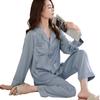 Solid Color Simple Pajamas Women'S Spring Summer New Casual Long-Sleeved Trousers Ice Silk Loungewear Two-Piece