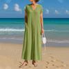 Women's Fashion Loose Solid Color Cotton And Linen V-Neck Pocket Casual Dresses