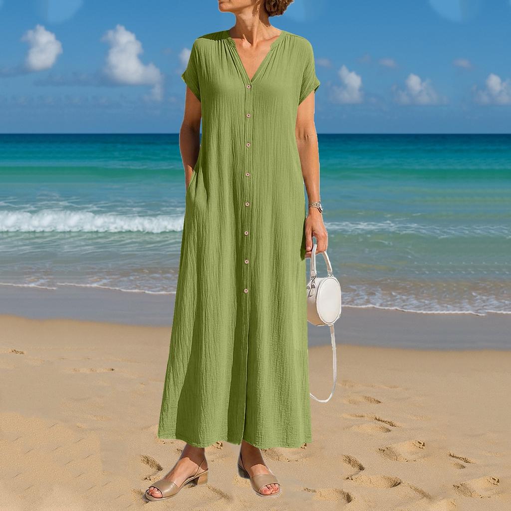 Women's Fashion Loose Solid Color Cotton And Linen V-Neck Pocket Casual Dresses