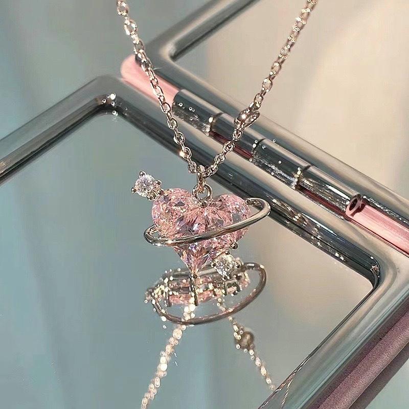 Korean Fashion Pink Crystal Heart Pendant Necklaces Women Girls Y2K Sparkling Rhinestone Fairy Clavicle Chain Jewelry Gifts