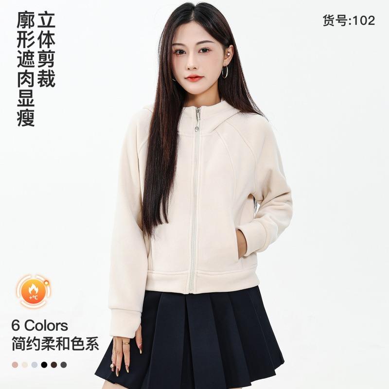 Fleece short hooded sweater women, autumn and winter casual sports cardigan jacket