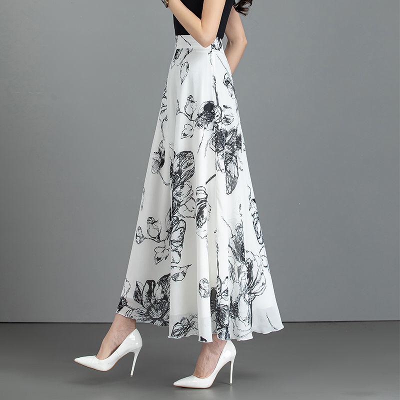 New Summer Retro Ethnic Style Ink-print Chiffon Skirt Women's Long Skirt High Waist A-line Skirt