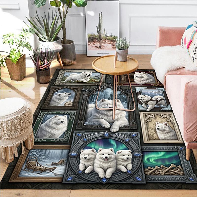 White Canine Portraits Pattern Rug Floor Mat for Living Room or Bedroom Soft and Comfortable Carpet a Gift for Birthday and Holiday.