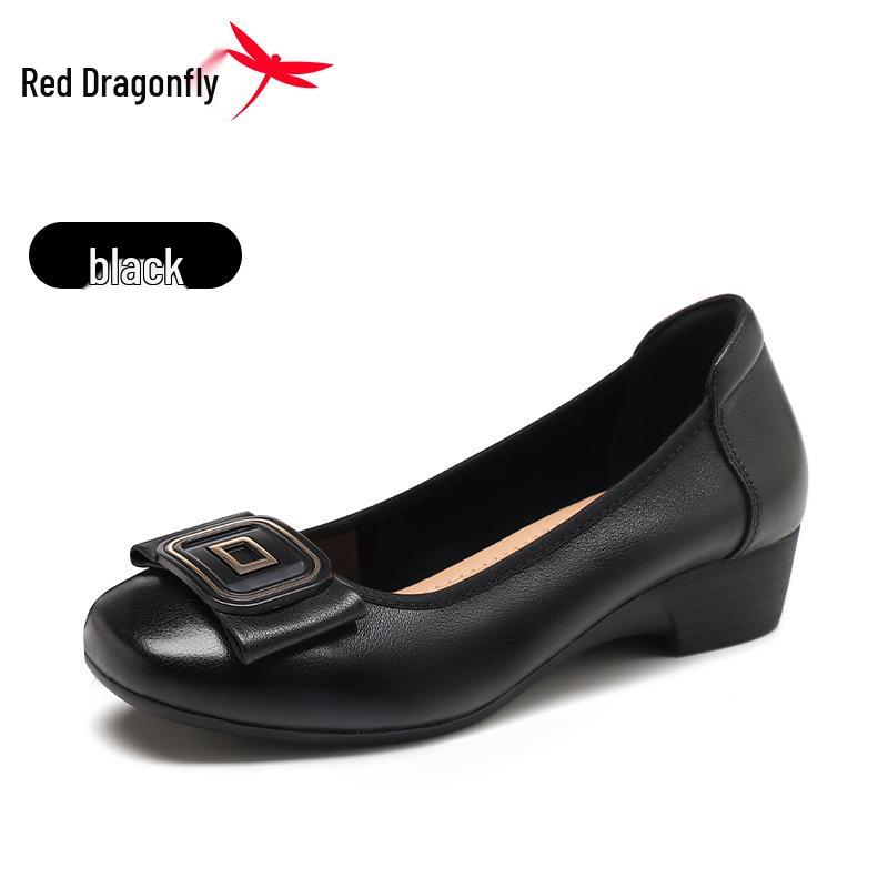 Women s Genuine Leather Chunky Heel Slip-On Shoes - Red Dragonfly Autumn Collection 35