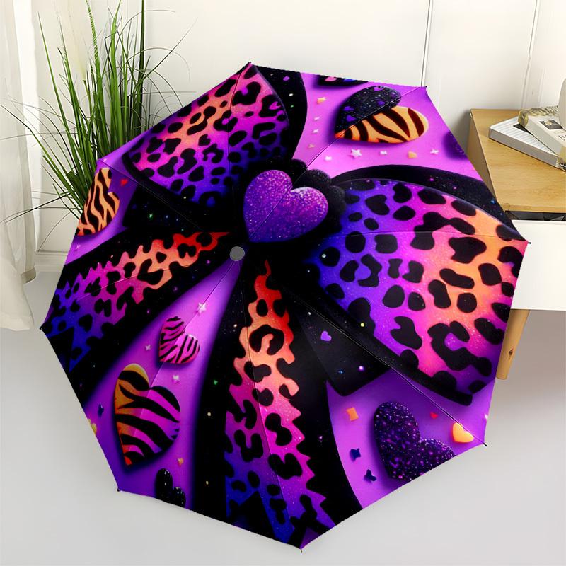 1pc Leopard Print Hearts Automatic Open/Close Umbrella Compact Folding Umbrella, All-Season Portable Umbrella for Women/Men F1124244