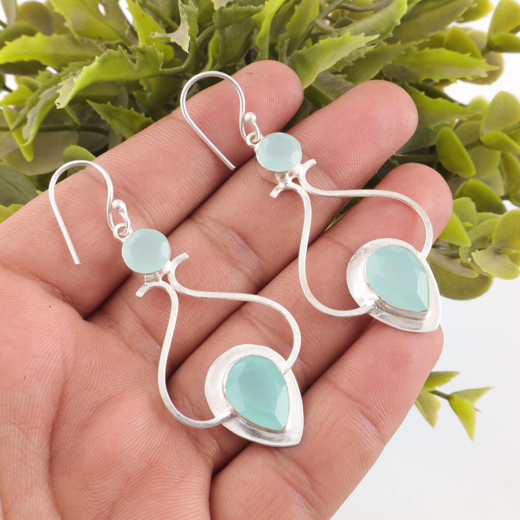Natural Aqua Chalcedony Gemstone 925 Solid Silver Handmade Hook Earrings 2.07" EE-170-21