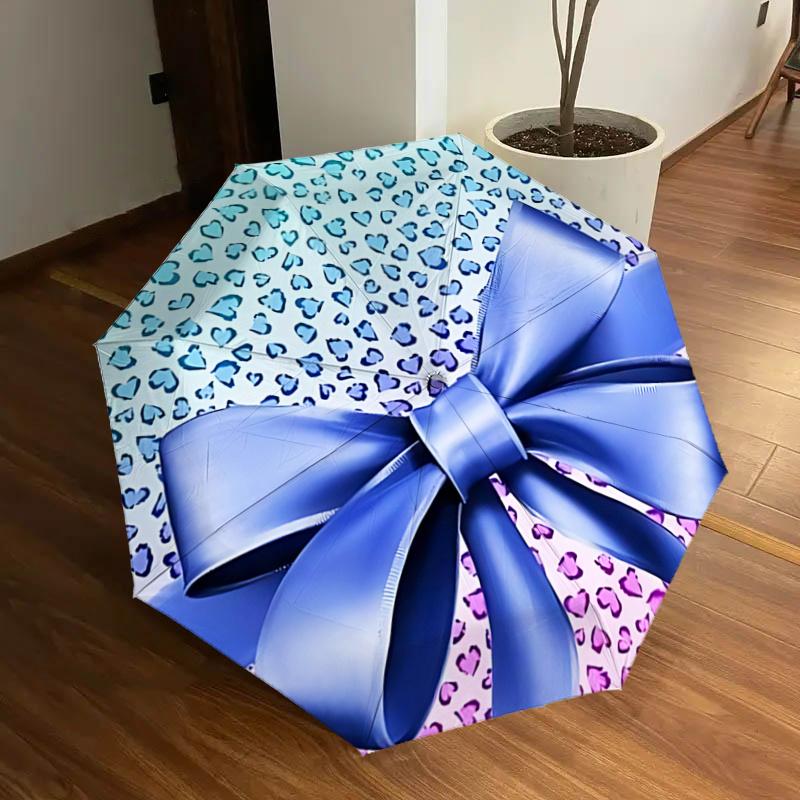 

Blue Leopard Print Automatic Opening Folding Umbrella with Bowknot - Portable 3-Fold Design, 8-Bone Steel Frame Outdoor Umbrella for Fans, T