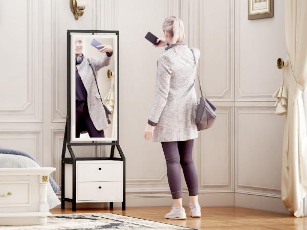 360 degrees Jewelry Cabinet with Full-Length Mirror, Rotating Jewelry Cabinet with 2 Lower Drawers, Freely Rotatable, Spacious Storage