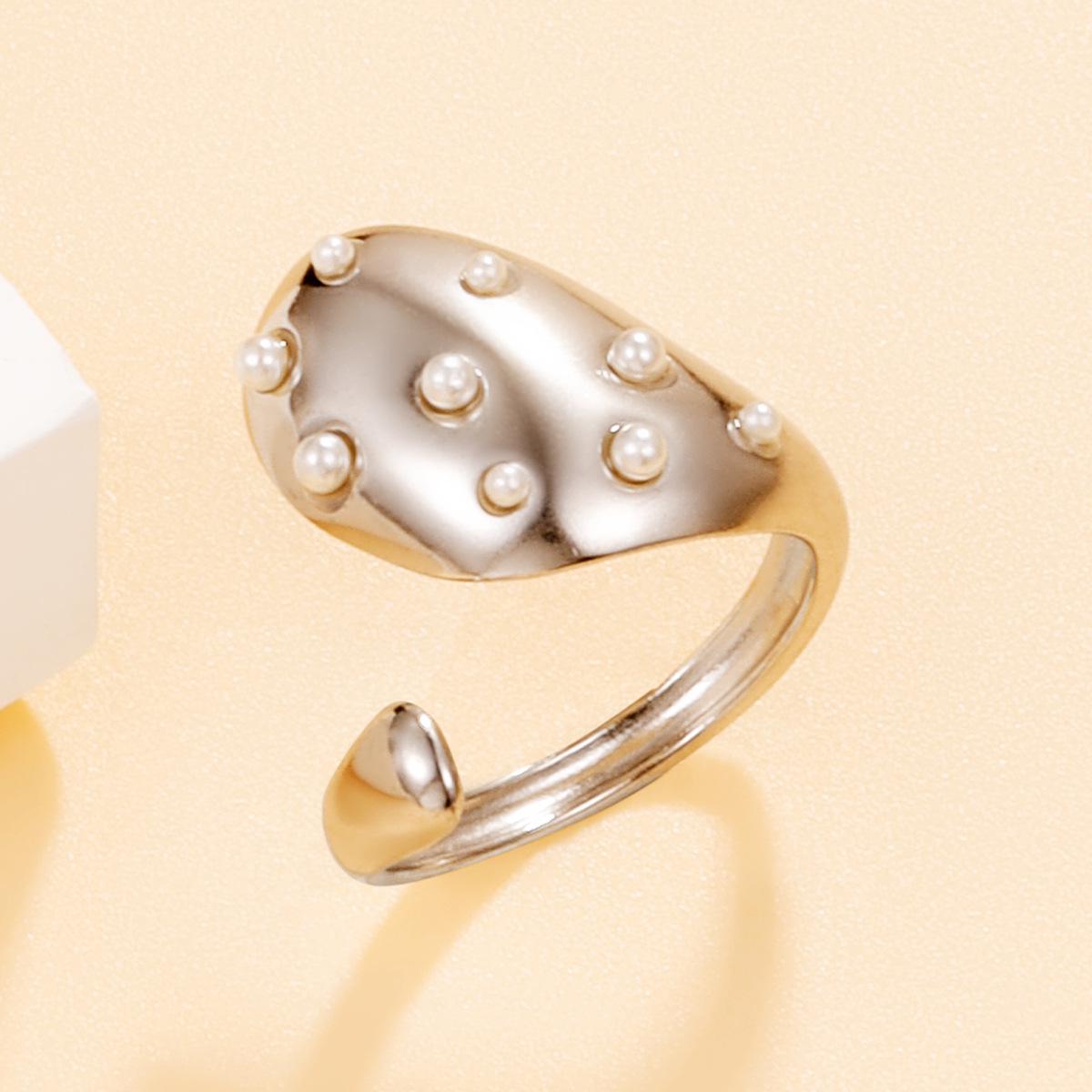 Elegant Chic Faux Pearl Geometric Ring: High-End Stainless Steel Irregular Design for Women
