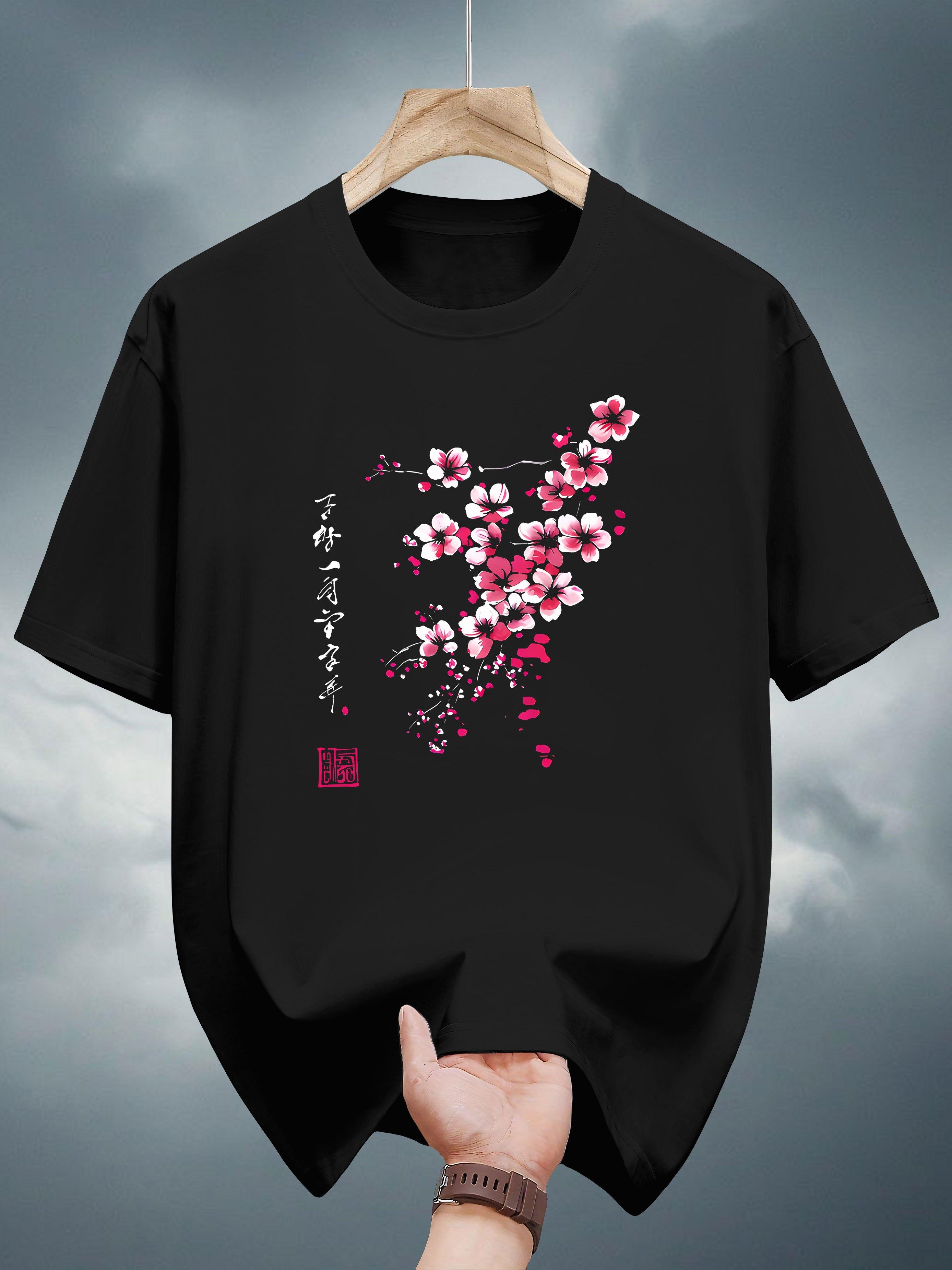 [Everyday Comfort]Pure Cotton Print Short Sleeve T-shirt - Casual Summer Style with Japanese Cherry Blossom Design S