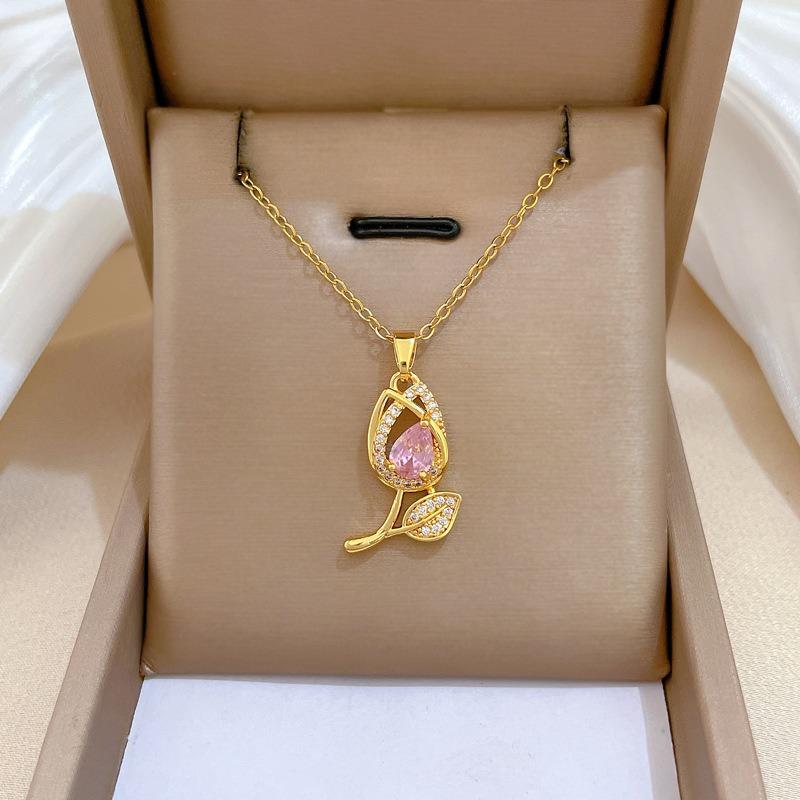 Sweet Pink Zircon Tulip Flower Pendant Necklaces for Women Stainless Steel Chain Cute Flower Jewelry Accessories Gifts for Lover