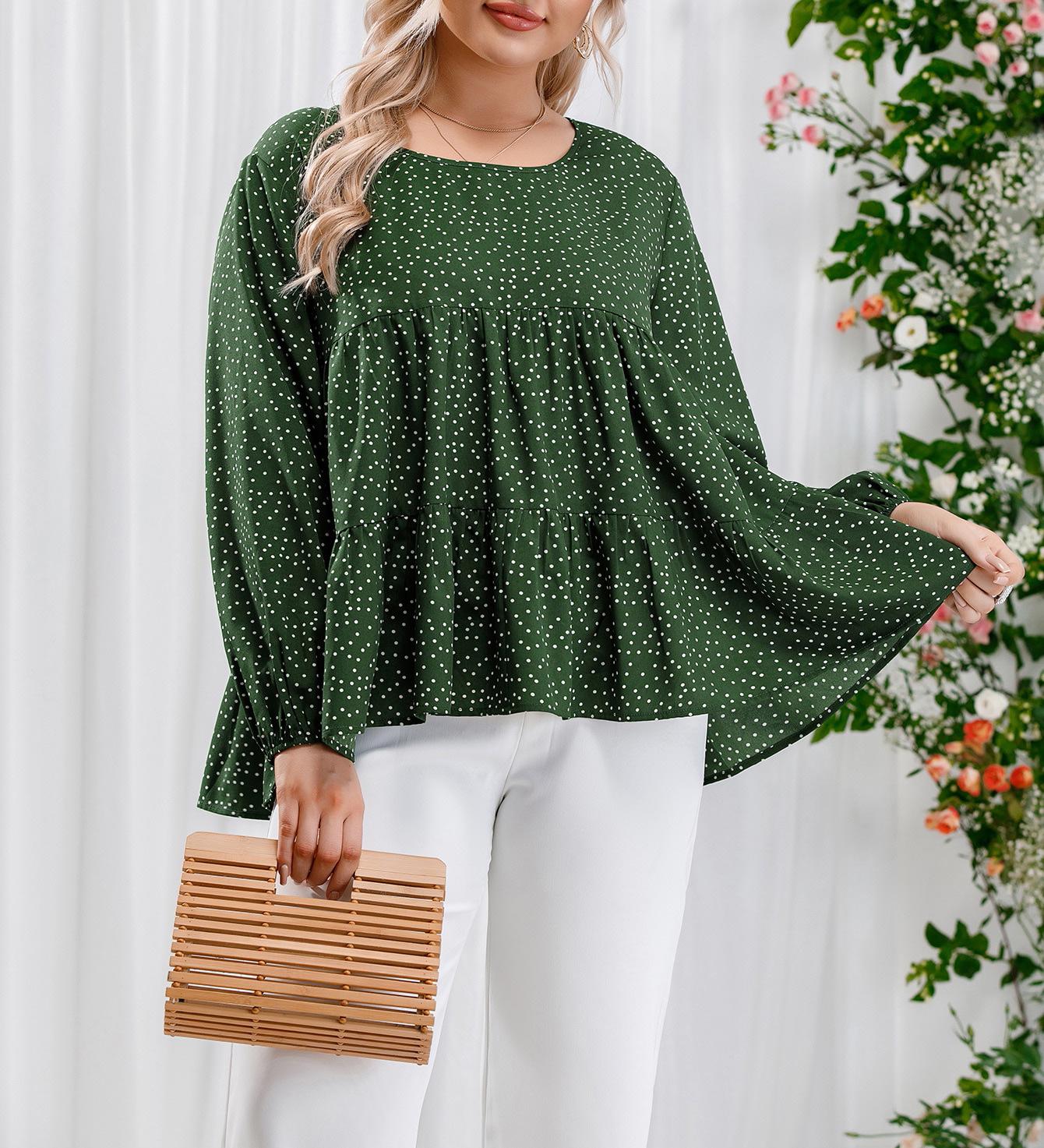 

Plus Size Polka Dot Round Neck Long Sleeve Top - Spring/Autumn 0XL зелёный