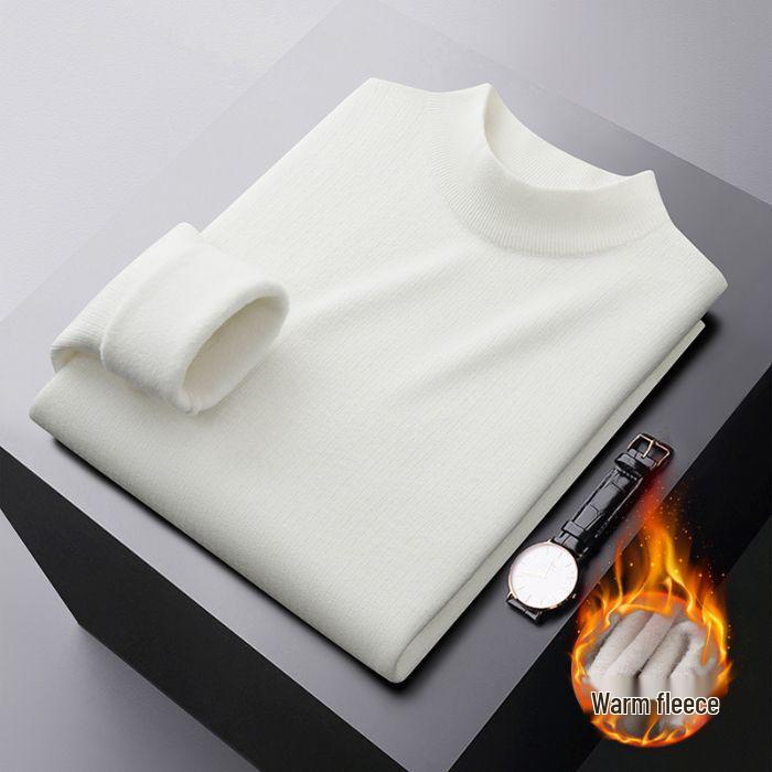 Men's Plus Velvet Half-High Collar Knit Sweater - Anti-Pilling Dobby Fleece, Solid Color for Autumn/Winter