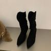 Vintage Pointed Toe Women Pleated Mid Calf Boots Fashion Slip on High Heels Shoes Autumn Winter Ladies Shoes