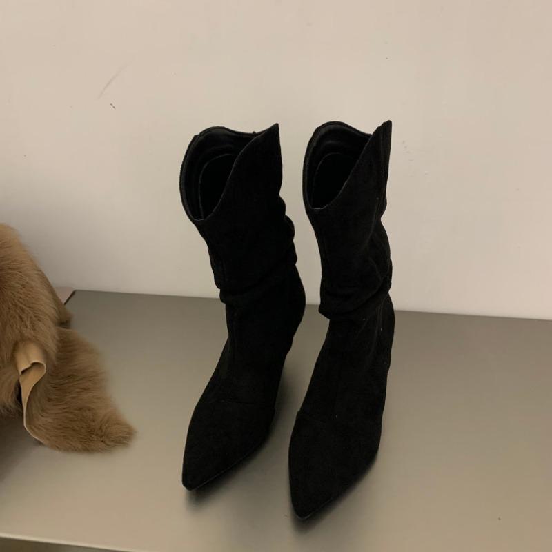 Vintage Pointed Toe Women Pleated Mid Calf Boots Fashion Slip on High Heels Shoes Autumn Winter Ladies Shoes