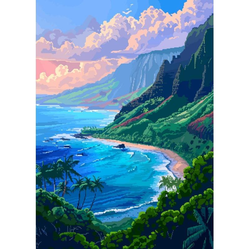 

Hawaii Pixel Art Travel Landscape Poster Flower Island Sand Beach Sky Scenery Canvas Painting Room Home Wall Decor Mural 21cm×30cm NoFrame