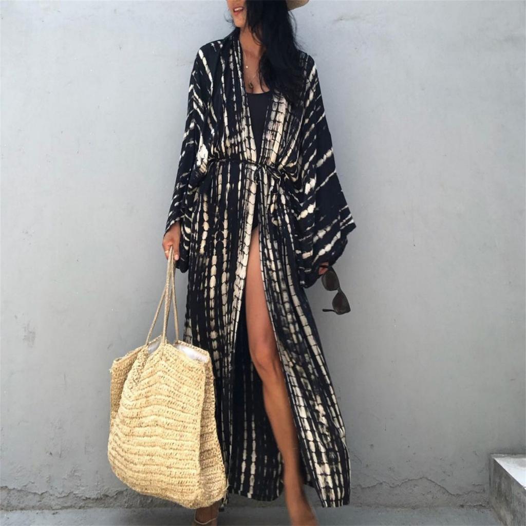 Women Loose Fit Sun Protection Beach Cover Up Cardigan Bikini Swimsuit Outerwear Lightweight Long Sleeve Printed Design