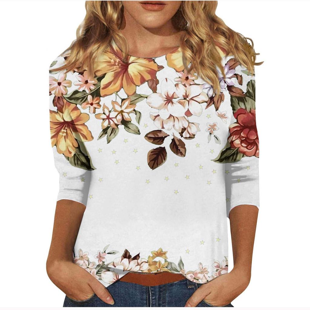 Rundhalsausschnitt 3D Blumen bedrucktes Top Modisches lässiges Langarm-Damen-T-Shirt