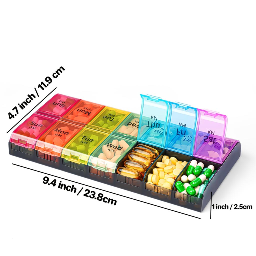 Große Größe 7 Tage Pillenorganisator mit täglichen Zwei-Dosen-Fächern Langlebiges PP-Material Vitamin- und Medikamentenspender zur wöchentlichen Aufbewahrung