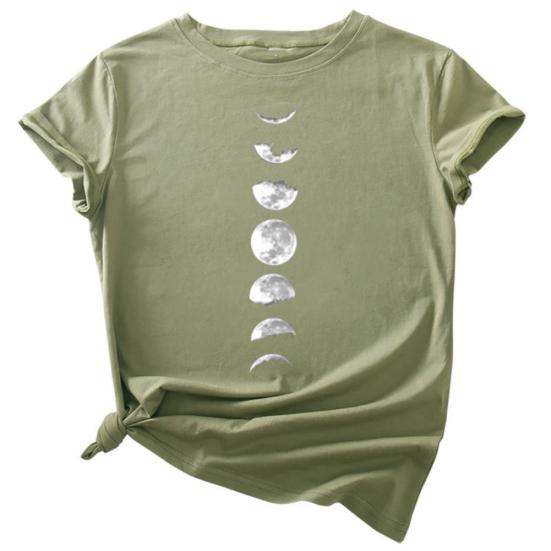 Women Summer Casual O Neck Short Sleeve Moon Print Loose Blouse T-shirt Top