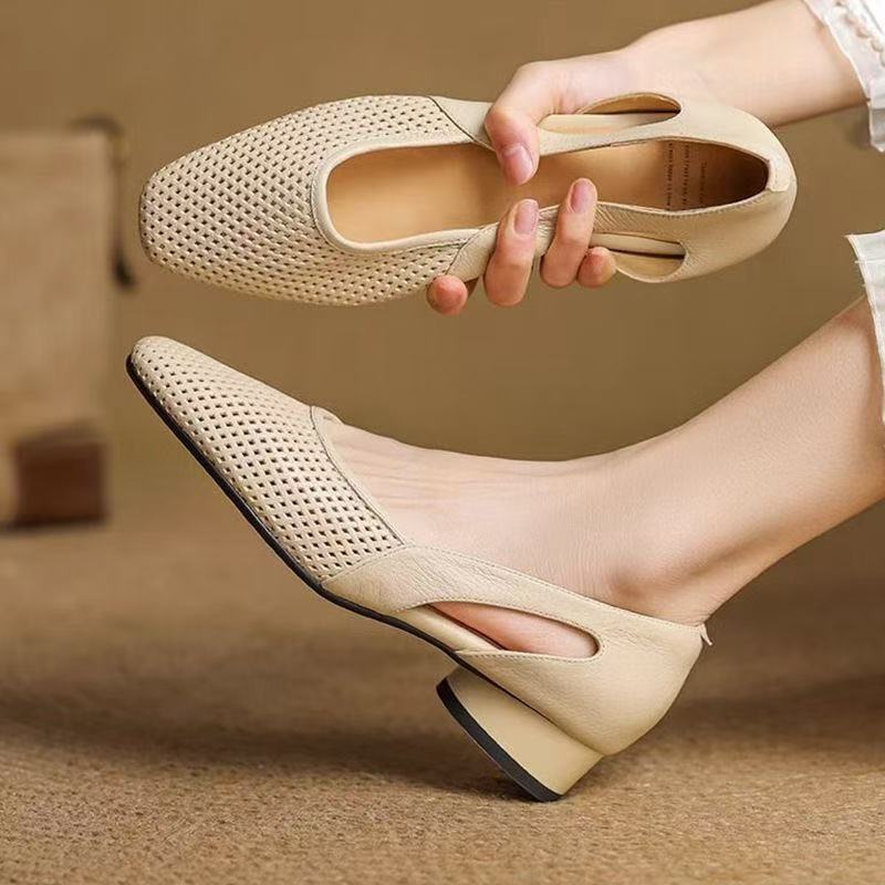 Summer Thick Heel Hollow Sandals for Women French Style Single Leather Shoes
